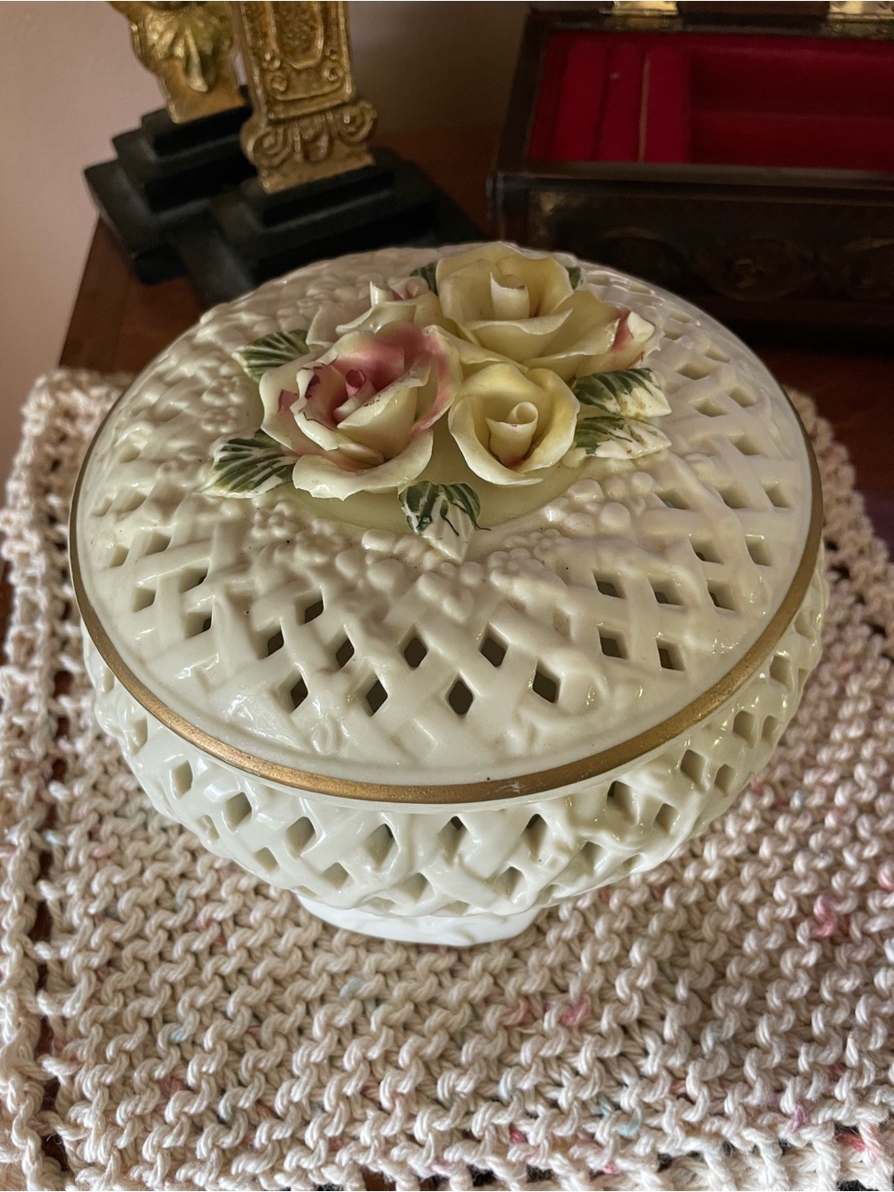 Porcelain Lattice Trinket Box with Floral Lid